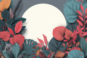 Tropical jungle leaves pattern frame with bold colors and modern illustration style creating vibrant and artistic botanical design around white circle