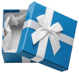 Open blue gift box with a white ribbon and tissue paper, revealing empty interior ready for a present