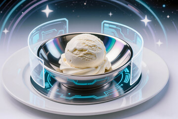 A scoop of white vanilla ice cream in a metallic silver bowl surrounded by blue digital holographic screens and a glowing starry background.
