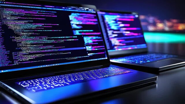 Neon lit laptop keyboard and screen with colorful code on dual monitor setup for focused programming