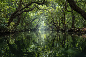 Obraz premium Tropical mangrove swamp with calm water reflecting lush green foliage and twisted tree branches creating serene and peaceful natural environment