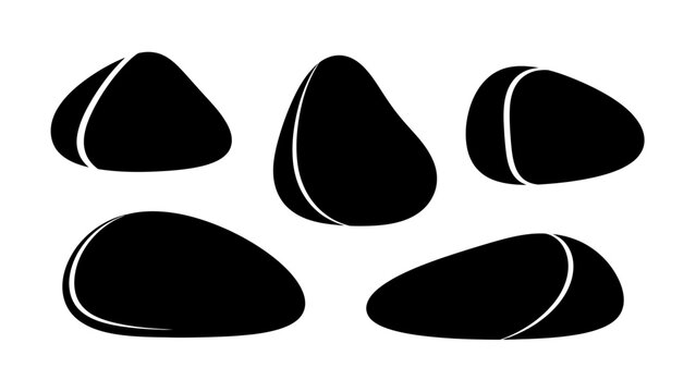 Abstract illustration of five black pebbles with white accent lines on white backdrop