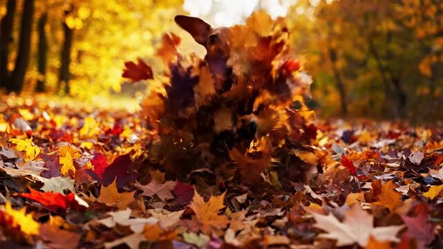 Detailed slow motion shot of a tiny smooth-haired dachshund dog bounding and splashing through a deep carpet of vivid autumnal foliage joy, natural light, orange