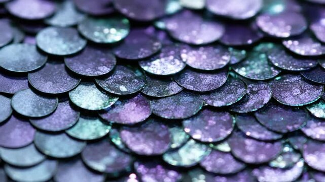 Iridescent purple scale texture with glitter shimmer and layered sequin sparkle, dreamy bokeh close