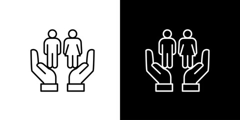 Obraz premium Two people icons in hands on black and white background