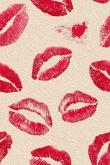 Red lipstick kiss marks seamless pattern on textured paper. Red lipstick kiss marks covering a cream textured paper surface, creating a playful pattern