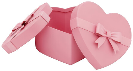 Open empty pink heart shaped gift box with a decorative lid and bow showing soft texture isolated on transparency
