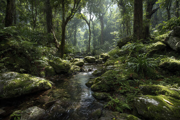 Obraz premium Tropical rainforest interior with freshwater stream flowing through moss covered rocks and lush green foliage under tall trees in soft natural light