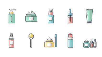 Cosmetic products illustration set with skincare bottles and cream jars