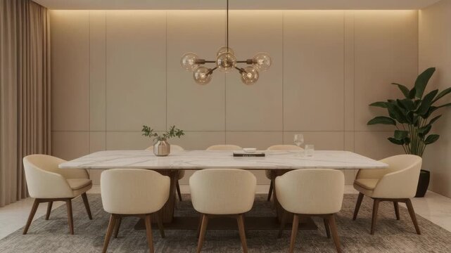 Elegant modern dining room with marble table cream chair pendant light indoor plant warm lighting