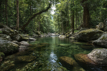 Fototapeta premium Tropical rainforest river with clear water flowing through mossy rocks and dense green trees under natural sunlight creating peaceful and refreshing atmosphere