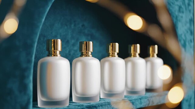 Displaying Row of Perfume Bottles With Gold Accents Against Blue Backdrop