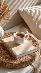 A white coffee cup sits on top of a notebook, with a view of the sun shining on the cup. Concept of relaxation and leisure, as the person sitting on the bench enjoys their coffee