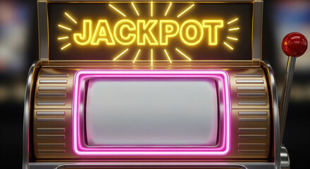 Retro gold neon slot machine with classic icons. Jackpot inscription design.