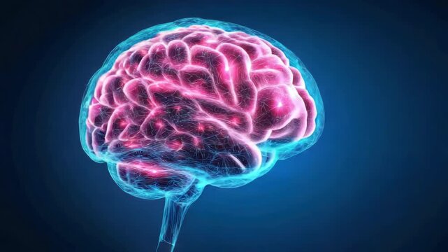 Neon glowing human brainstem and cerebrum illustration with neural activity, cerebellum synapses