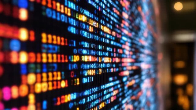 Colorful binary code on glowing digital display conveying futuristic data flow and technology