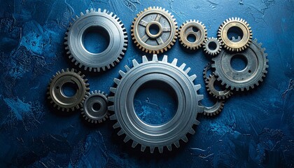 Brass interlocking gears on matte blue background