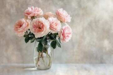 Fototapeta premium Pink roses in glass vase against soft painted background