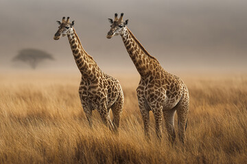 Obraz premium Two giraffe standing in golden savanna grassland with misty background and blurred tree, creating calm and natural wildlife scene in early morning light