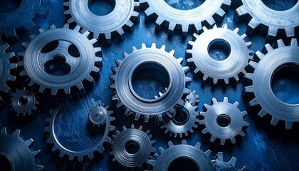 Brass interlocking gears on matte blue background