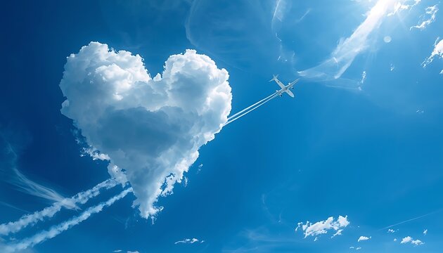 Airplane flying through heart-shaped cloud in clear blue sky above fluffy clouds