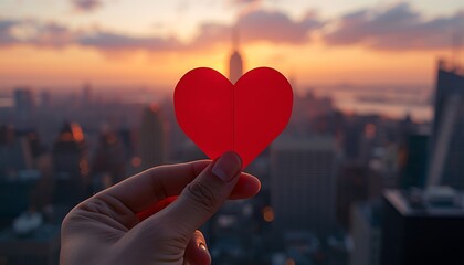 Hand holding red paper heart at golden sunset over rural landscape view