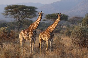 Obraz premium Two giraffes standing in dry savanna grassland with scattered trees and distant hills under soft natural light, creating peaceful and natural wildlife scene