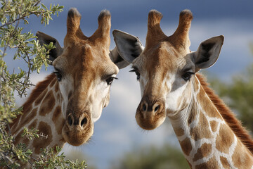 Fototapeta premium Two giraffe heads close up in natural habitat with green foliage and cloudy sky background, showing their distinctive patterns and gentle expressions in safari setting