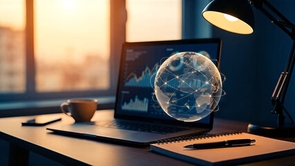 Laptop displaying global network data with coffee cup and desk lamp computer screen