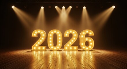 Marquee 2026 Light Numbers on Stage with Spotlights and Wood Floor