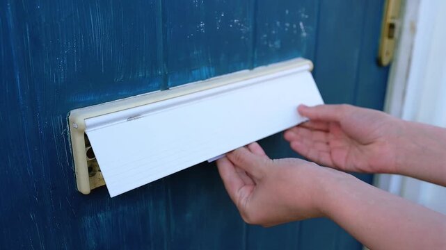 A letter delivering through the blue painted house door mailbox entrance.