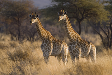 Obraz premium Two giraffes stand gracefully in golden grass savannah with scattered trees, showcasing their tall necks and patterned coats in peaceful wildlife reserve setting