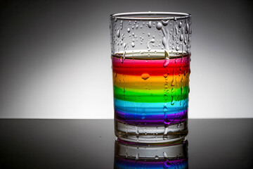 A clear glass filled with vibrant multicolored horizontal layers of liquid. Condensation and droplets are visible on the outer surface against a neutral gradient background.