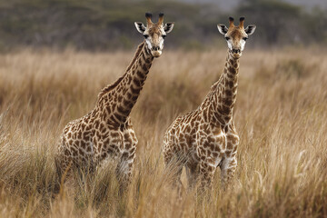 Obraz premium Two young giraffes standing in tall golden grass in wildlife reserve, surrounded by natural savannah vegetation, showing their distinctive spotted patterns and long necks