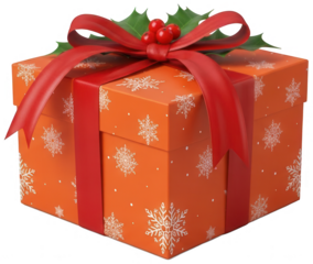 Christmas gift box in orange with snowflake patterns, red ribbon, and holly decoration