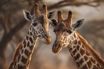 Naklejka premium Two giraffes closely interacting in natural habitat with soft light highlighting their patterned fur and gentle expressions, creating warm and peaceful wildlife moment