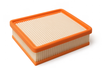 Car air filter with orange frame and transparent background