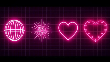 Neon geometric shapes glowing with love and celebration on dark grid background