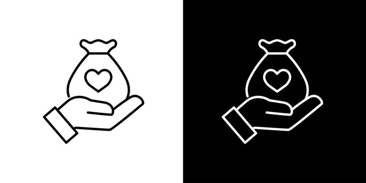 Vector icon illustration of a hand holding a money bag with a heart, symbolizing charitable giving, financial donation, and philanthropic support