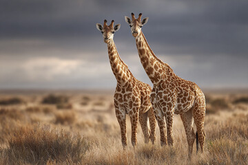 Obraz premium Two giraffes standing together in African savanna under cloudy sky with dry grass and bushes, creating calm and natural wildlife scene