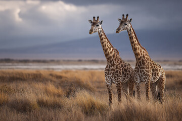 Obraz premium Two giraffe standing together in African savanna with cloudy sky and dry grassland, showing natural wildlife beauty and peaceful atmosphere in wild habitat