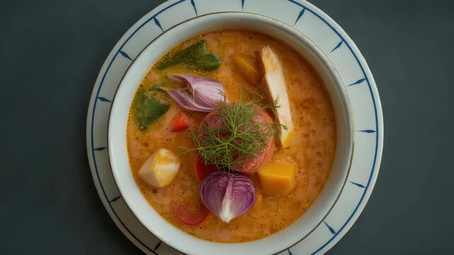 Creamy tomato broth soup with vegetables, cream, shallot petals, fennel and herb garnished rustic