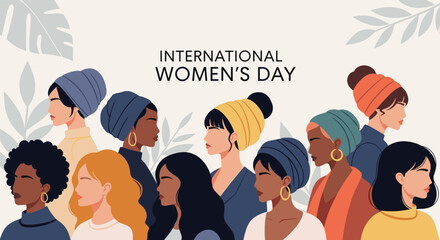 Group of diverse women standing together for International Women's Day showing unity and female empowerment.
