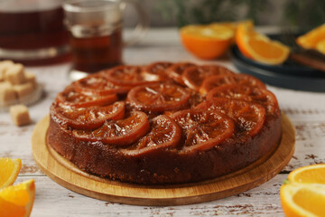 Upside down orange cake, ready homemade on the table	