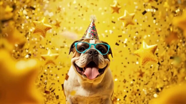 Festive Bulldog with Party Hat and Glasses. A cheerful bulldog wearing a colorful party hat and bright blue glasses, tongue out in joyful expression. 