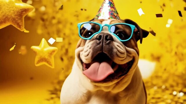 Festive Bulldog with Party Hat and Glasses. A cheerful bulldog wearing a colorful party hat and bright blue glasses, tongue out in joyful expression. 