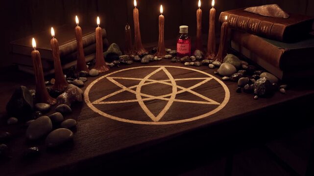 Mystical Altar Scene, Eerie Ritual With Candles, Ancient Magical Altar With Candles And Stones