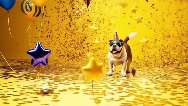 Festive Bulldog with Party Hat and Glasses. A cheerful bulldog wearing a colorful party hat and bright blue glasses, tongue out in joyful expression. 