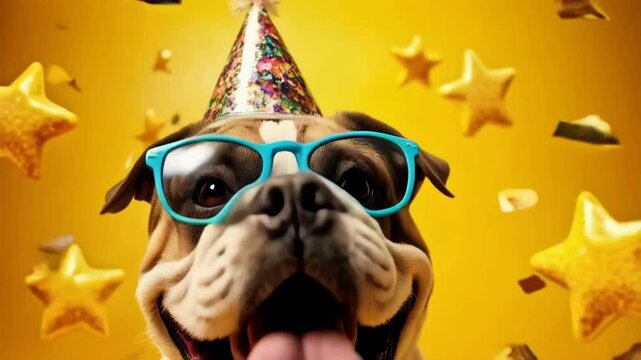 Festive Bulldog with Party Hat and Glasses. A cheerful bulldog wearing a colorful party hat and bright blue glasses, tongue out in joyful expression. 