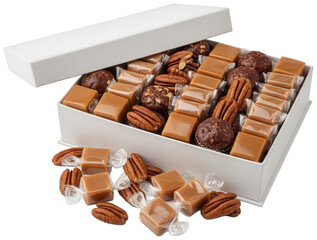 Professional chocolate and caramel assortment gift box with rows of wrapped treats